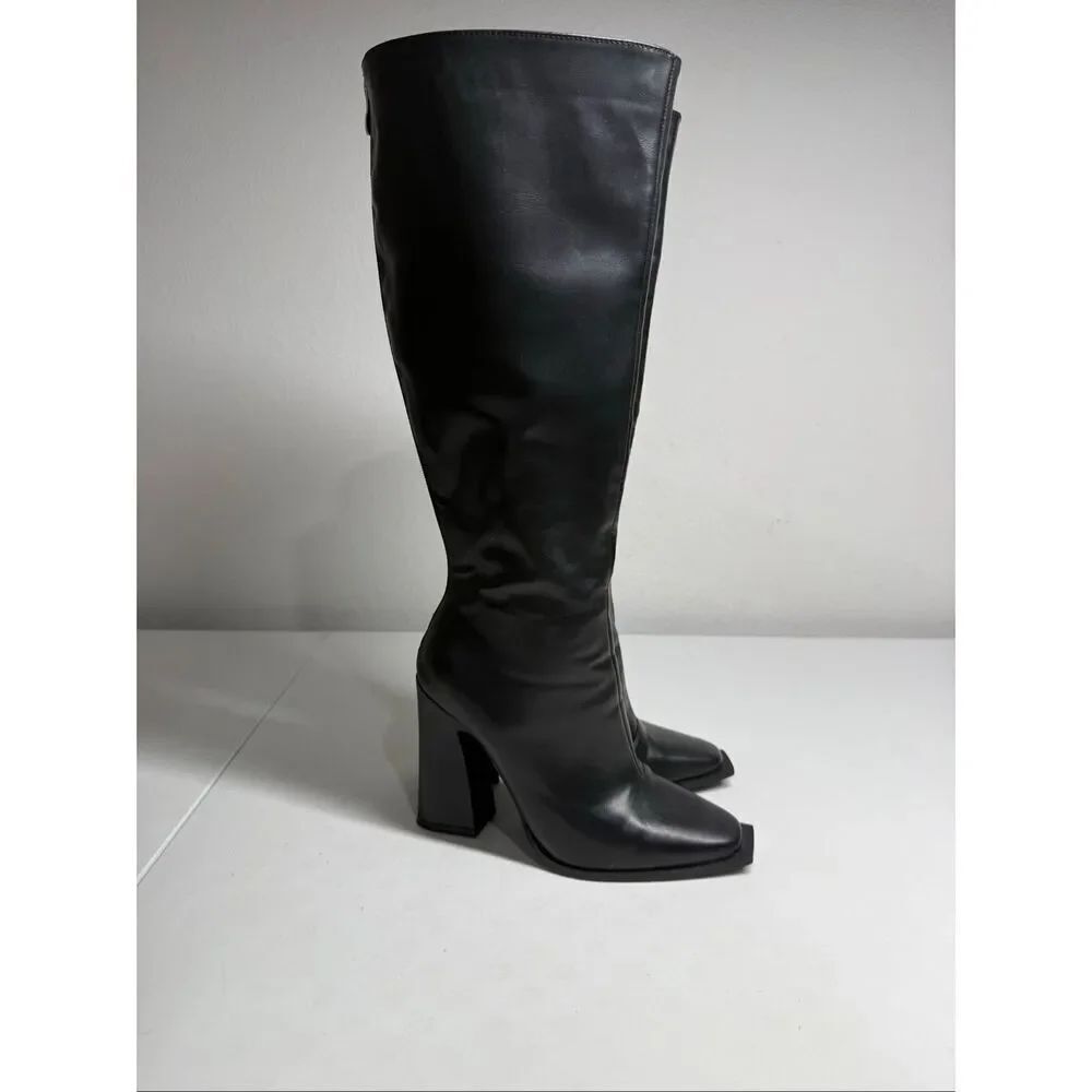 Black Faux Leather Knee High Boots Square Toe Block Heel Back Zip Sz 4